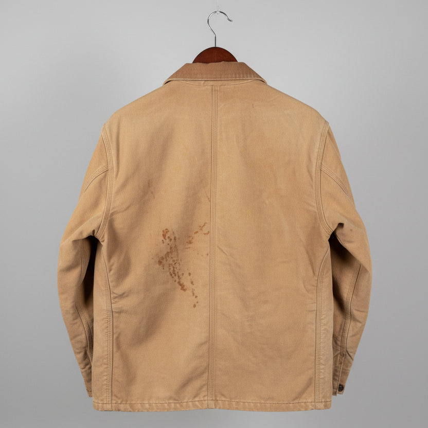Vintage Carhartt Chore Coat Tan Duck Canvas Blanket Lined Corduroy Collar Mens