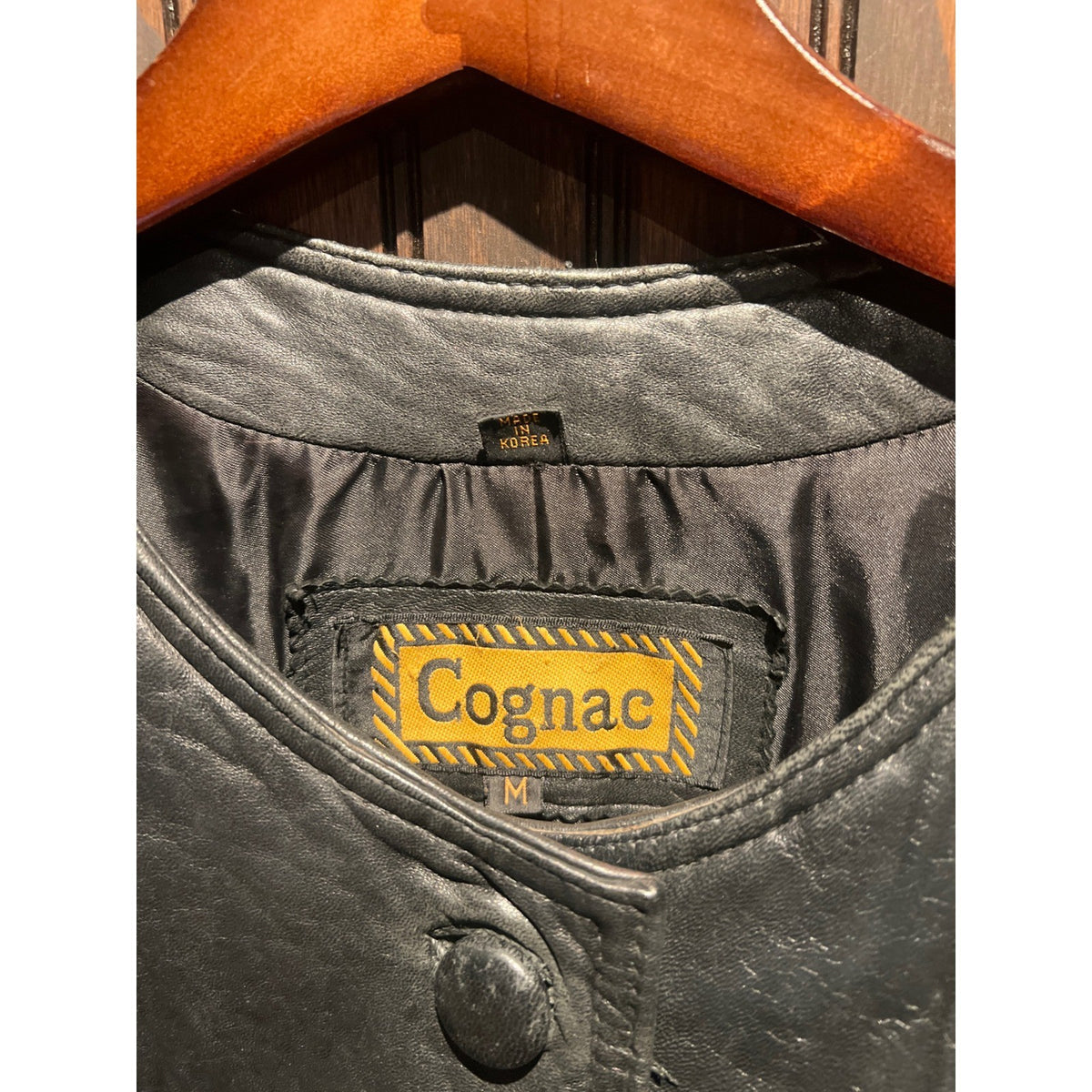 Vintage Cognac Black Leather Swing Coat Collarless Single Button Mid Jacket