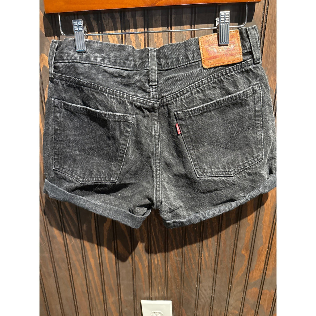 Levis 501 High Rise Denim Shorts Washed Black Cuffed Button Fly Cut Offs