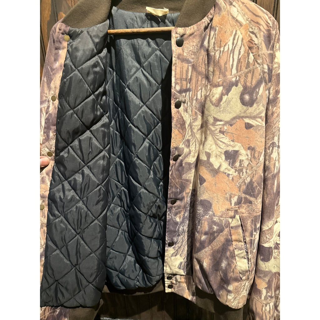 Vintage Camo Bomber Jacket Mens XL Real Tree Leaf Print Snap Front Hunting Coat
