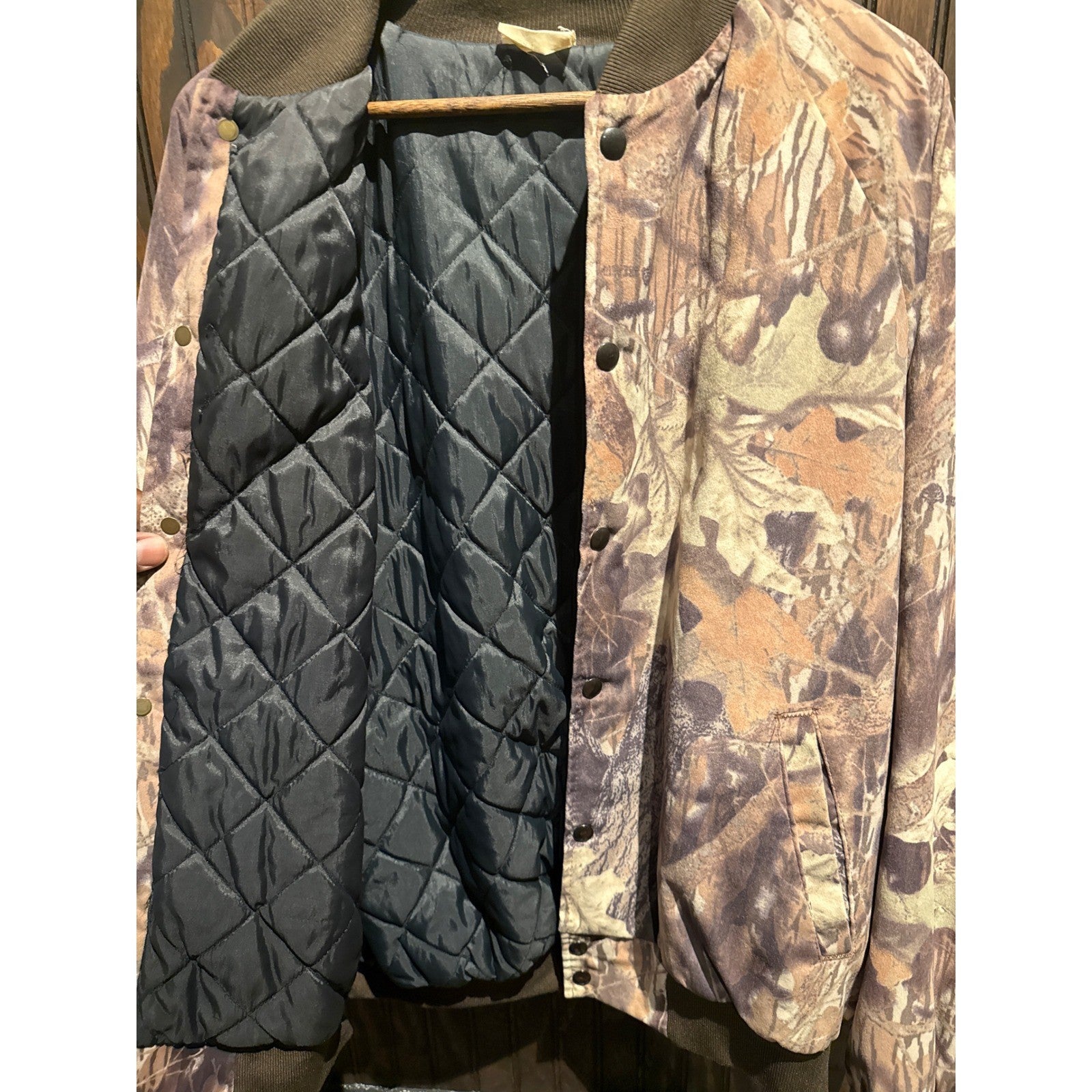 Vintage Camo Bomber Jacket Mens XL Real Tree Leaf Print Snap Front Hunting Coat
