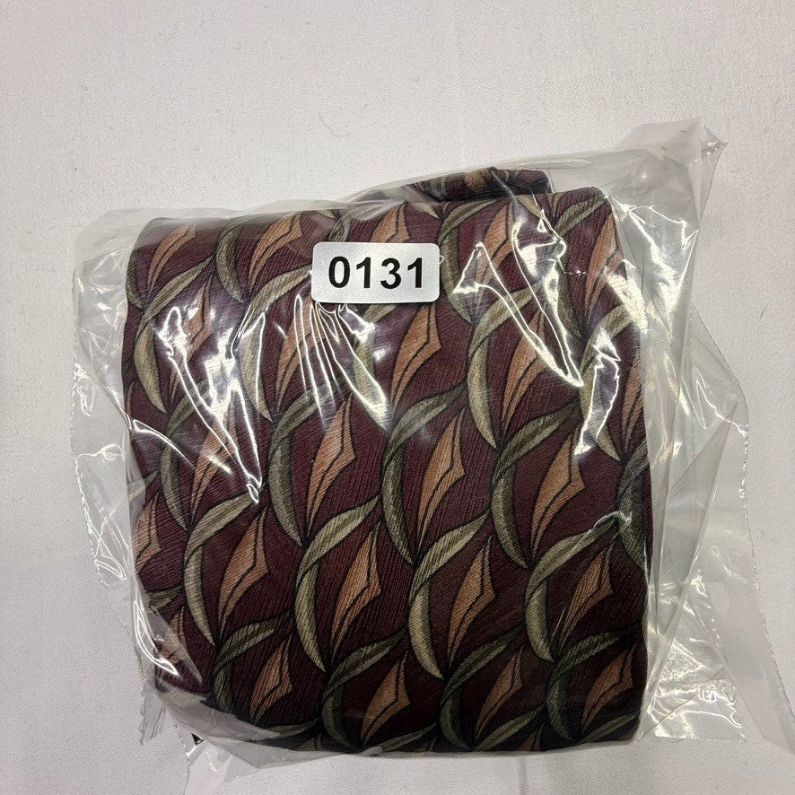 Mens Burgundy Tan Geometric Pattern Silk Necktie Made in USA