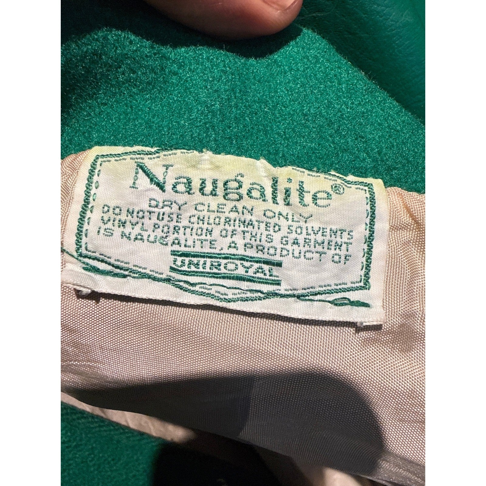 Vintage Green Varsity Jacket Wool Faux Leather Sleeves Striped Trim Mens Large