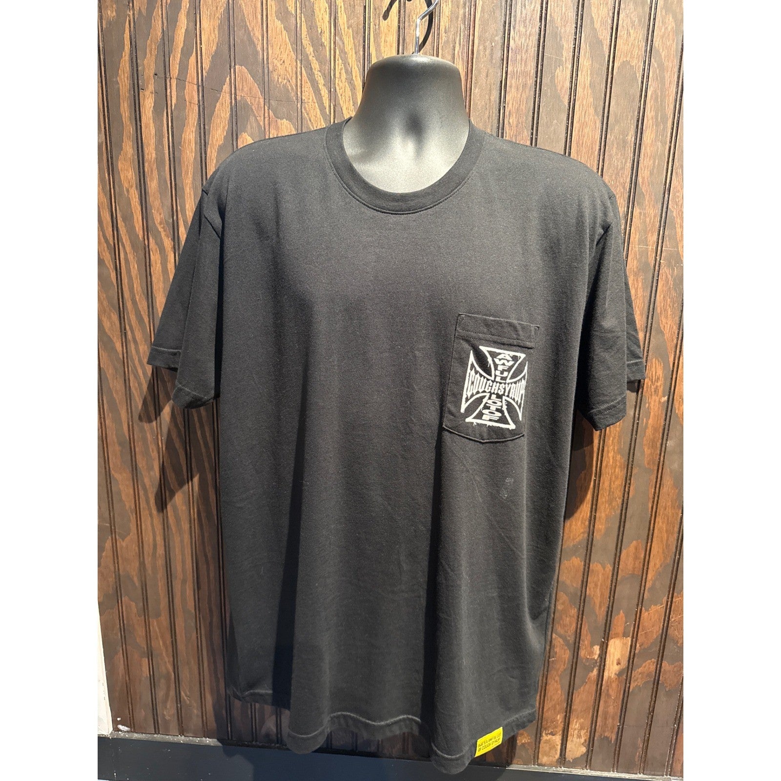 Awful Lot of Cough Syrup Mens Black Pocket Graphic T-Shirt Iron Cross Logo L