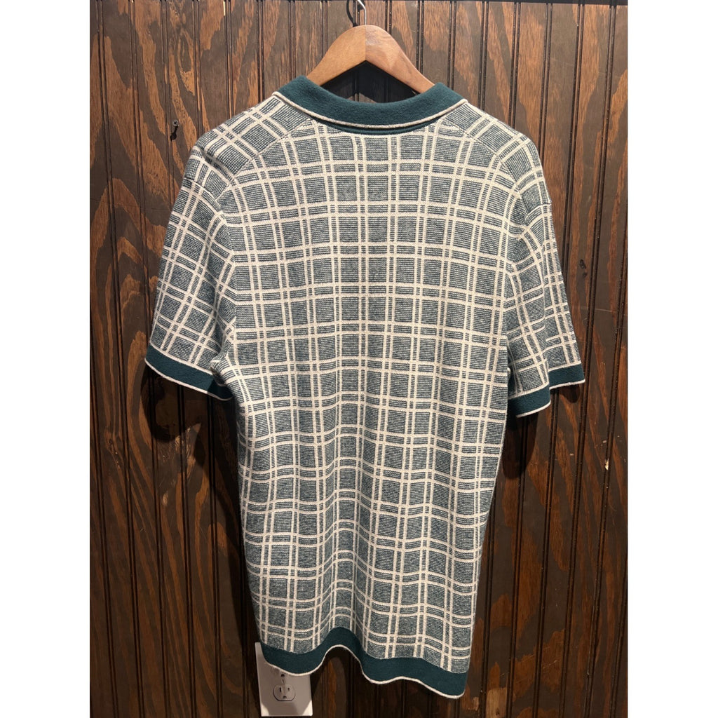 Abercrombie & Fitch Mens Teal White Grid Knit Button Front Sweater Polo Shirt M
