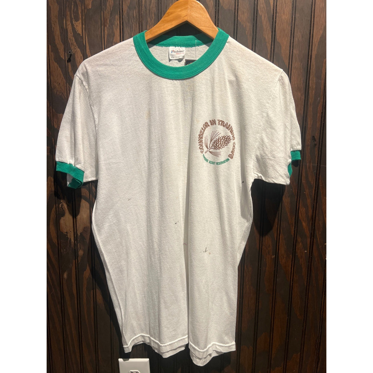 Vintage Stedman Winnebago Scout Reservation Counselor Ringer Tee White Green M
