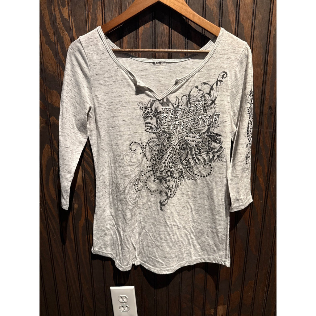 Harley Davidson Womens Gray Graphic Split Neck 3/4 Sleeve Rhinestone Top 19x25