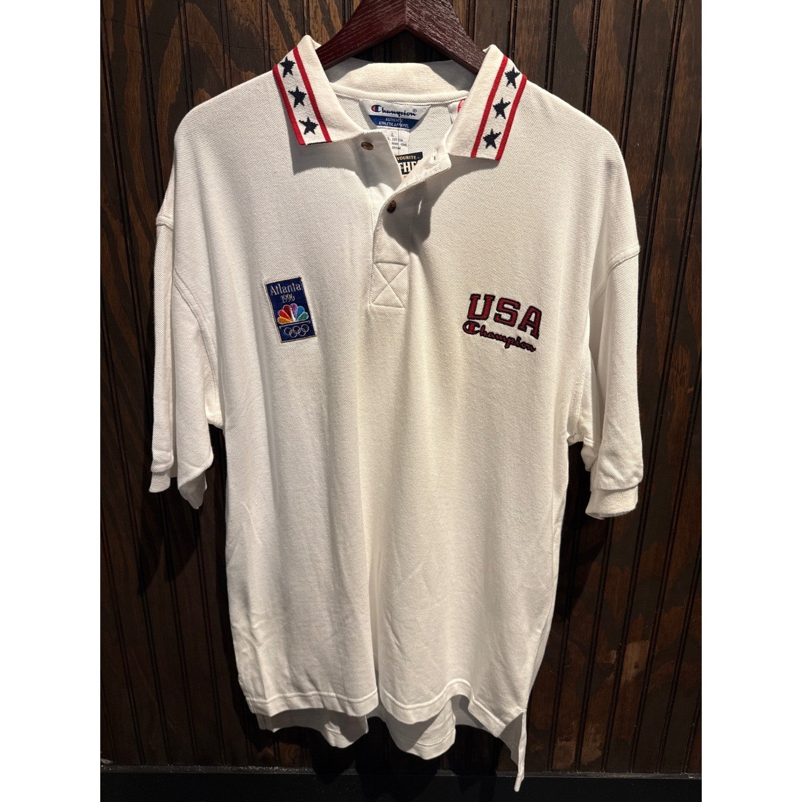 Vintage 1996 Atlanta Olympics USA Champion Polo Shirt White Mens Large 26x32