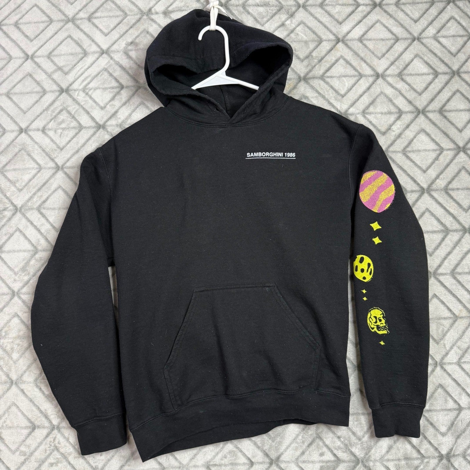 Black Graphic Hoodie Sweatshirt Samborghini 1986 Skeleton Cosmic Art MenS Size S