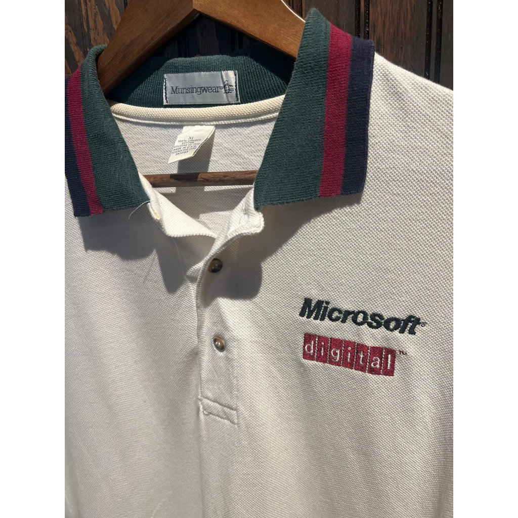 Vintage Munsingwear Microsoft Digital Polo Shirt Mens XL Cream Striped Tech 90s