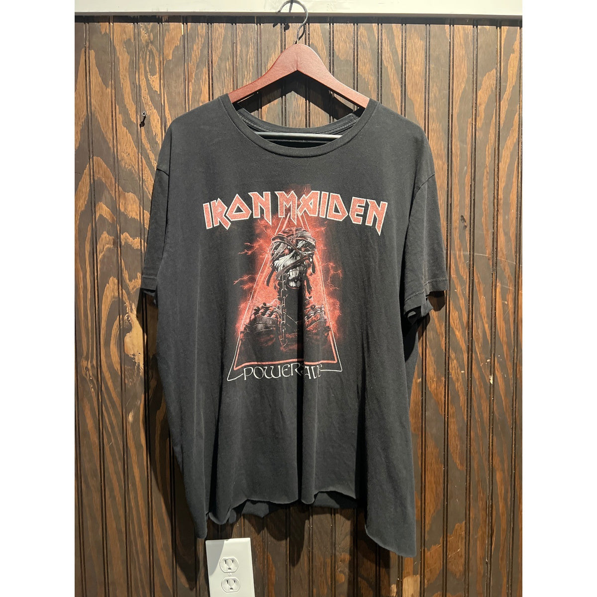 Iron Maiden Powerslave Graphic T-Shirt Faded Black Raw Hem Distressed Mens XL