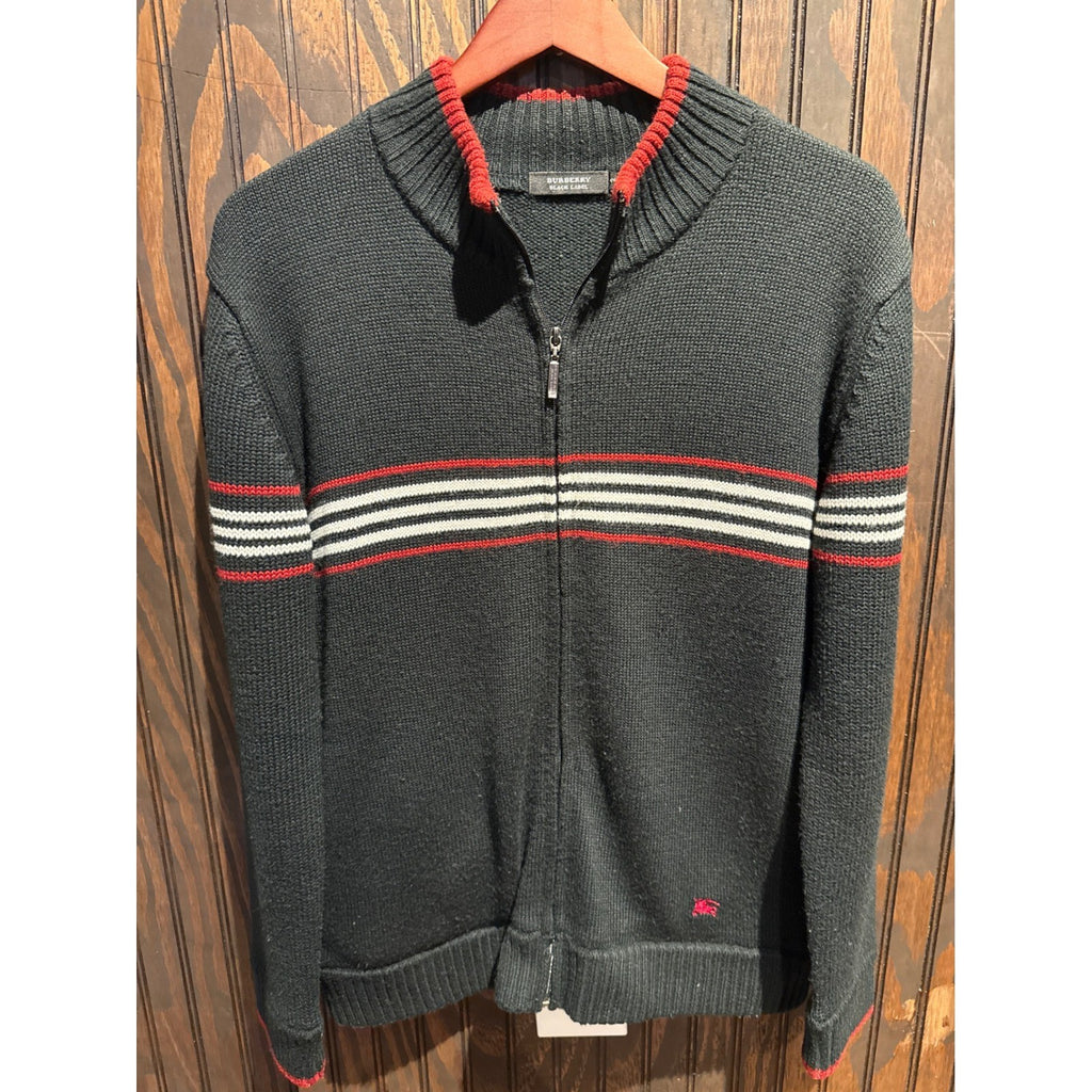Burberry Black Label Mens Full Zip Striped Knit Sweater Grey Red Knight Logo