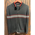 Burberry Black Label Mens Full Zip Striped Knit Sweater Grey Red Knight Logo