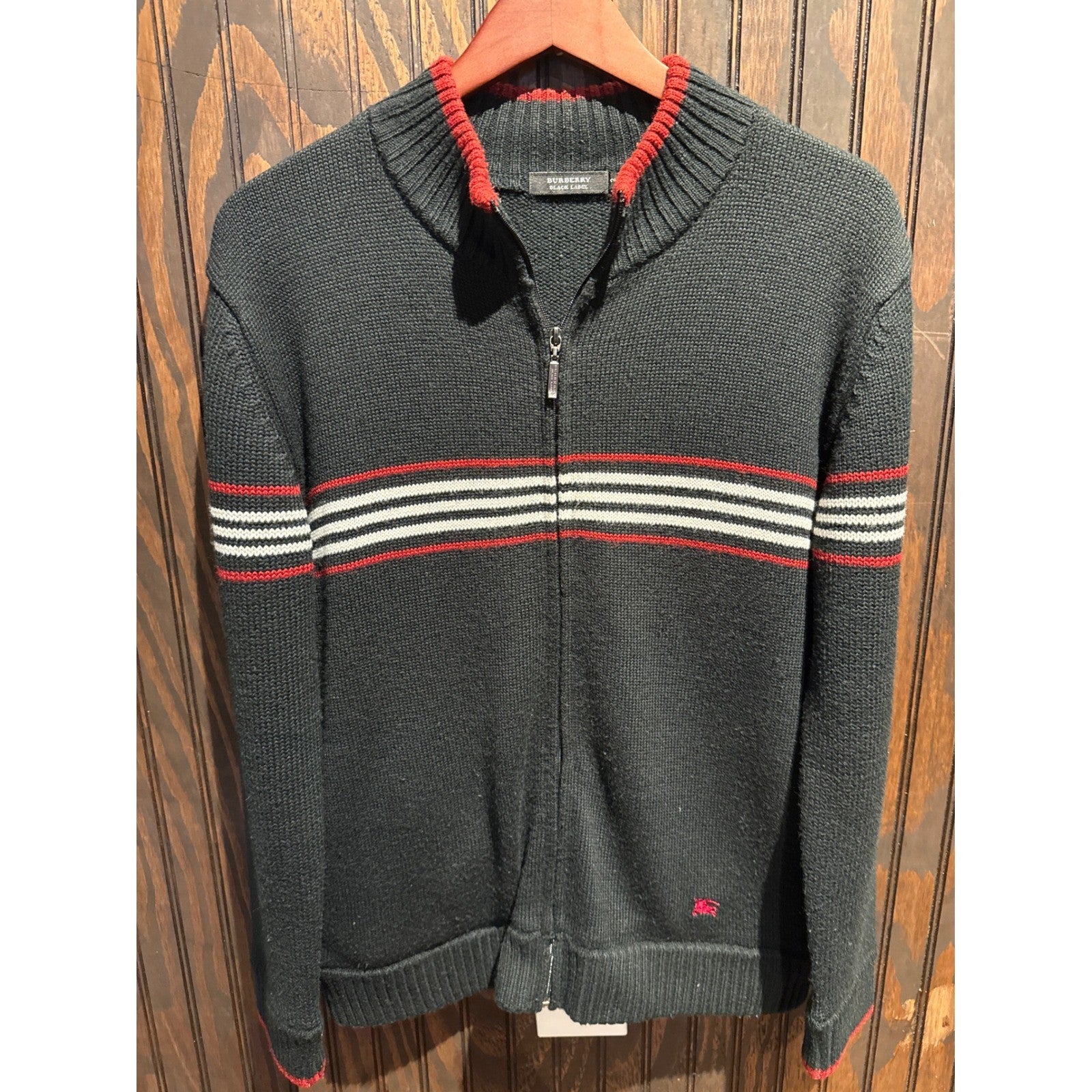 Burberry Black Label Mens Full Zip Striped Knit Sweater Grey Red Knight Logo