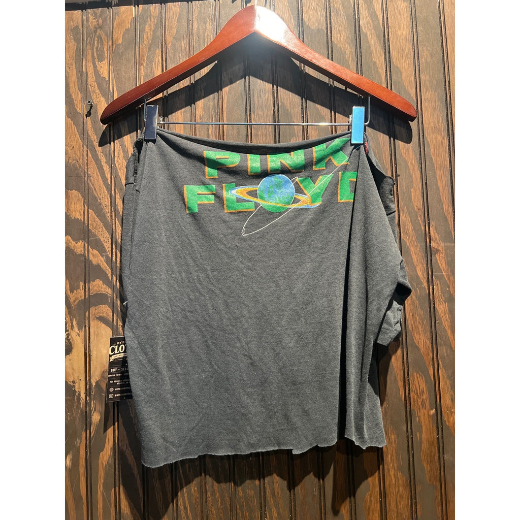 Pink Floyd Off The Shoulder Graphic Crop Top Charcoal Grey Rock Band Tee