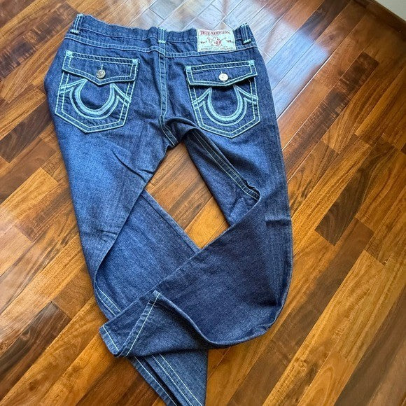 True Religion Joey Super T Indigo Blue Contrast Stitch Flare Jeans Mens 42x34