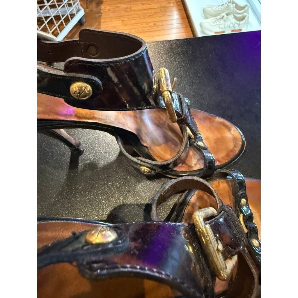 Giuseppe Zanotti Brown Tortoise Patent Leather Buckle Strappy Stiletto Heels