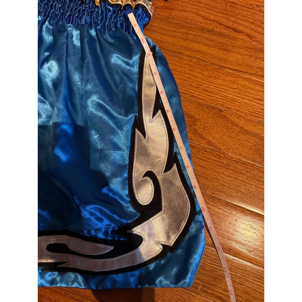 Boon Sport Muay Thai Shorts Blue Gold Silver Flame Satin Kickboxing Trunks Thai