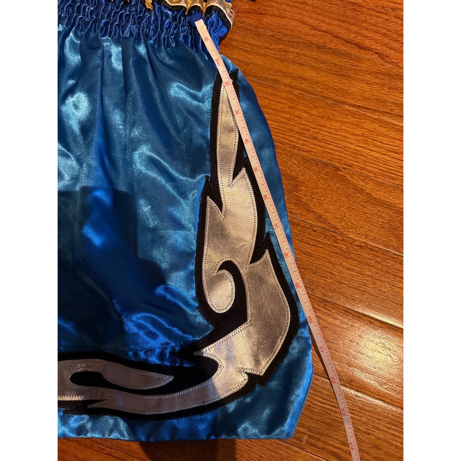 Boon Sport Muay Thai Shorts Blue Gold Silver Flame Satin Kickboxing Trunks Thai