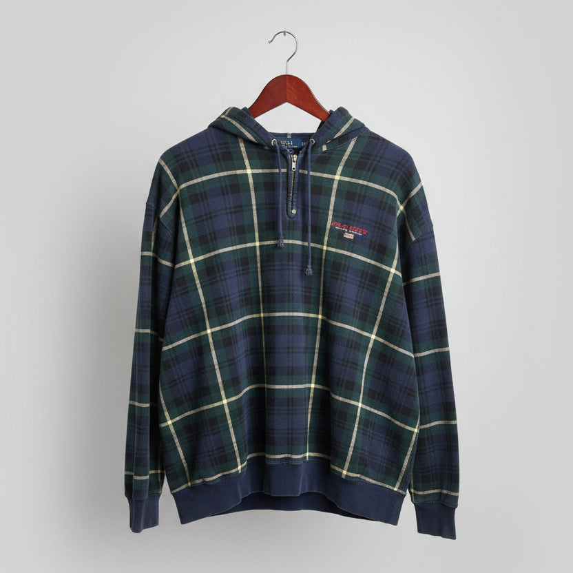 Polo Sport Ralph Lauren Mens Plaid Quarter Zip Hoodie Navy Green Vintage XL