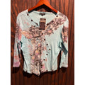 Boho Chic XL Blue Asymmetrical Button Graphic Crown Long Sleeve Top NWT