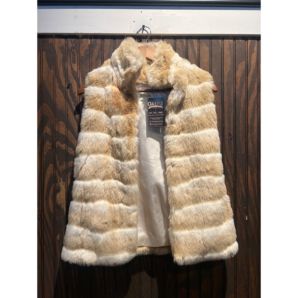 Faux Fur Vest Cream Tan Tiered Horizontal Panel Sleeveless Jacket Glam Boho