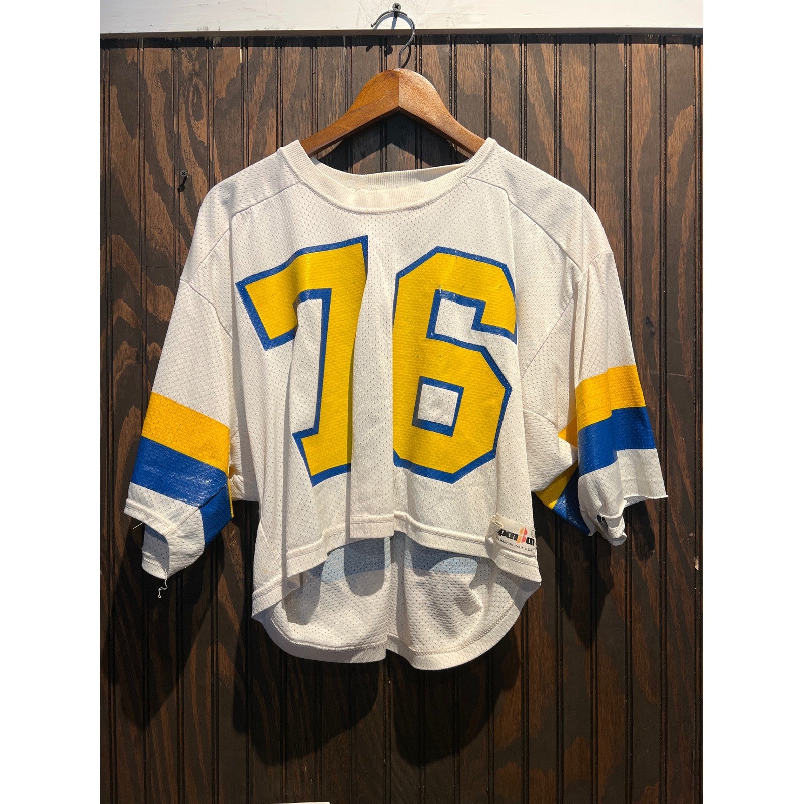 Vintage Spanjian Mesh Football Jersey 76 White Yellow Blue USA Made Mens L