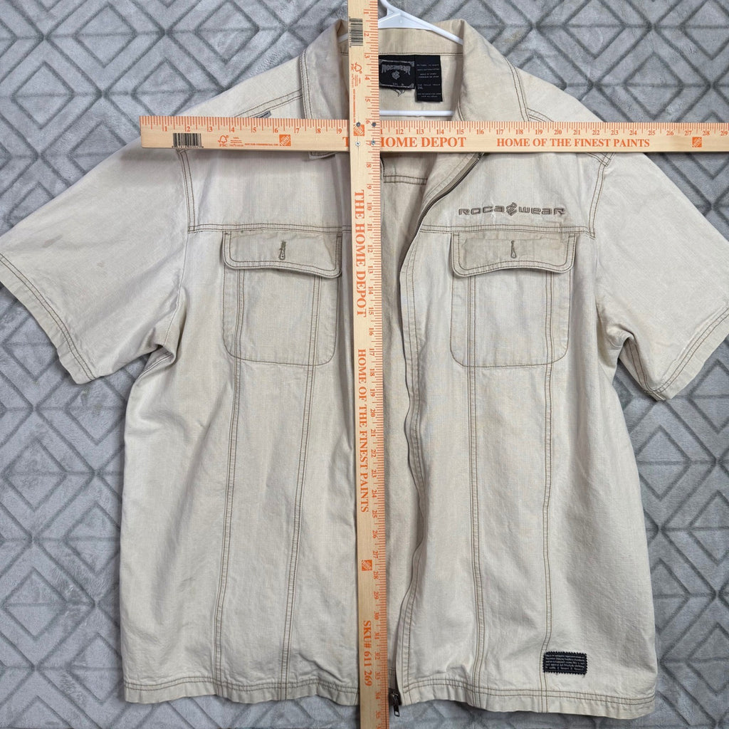 Rocawear Men's Tan Short Sleeve Zip Up Workwear Shirt Casual Tan Size XL