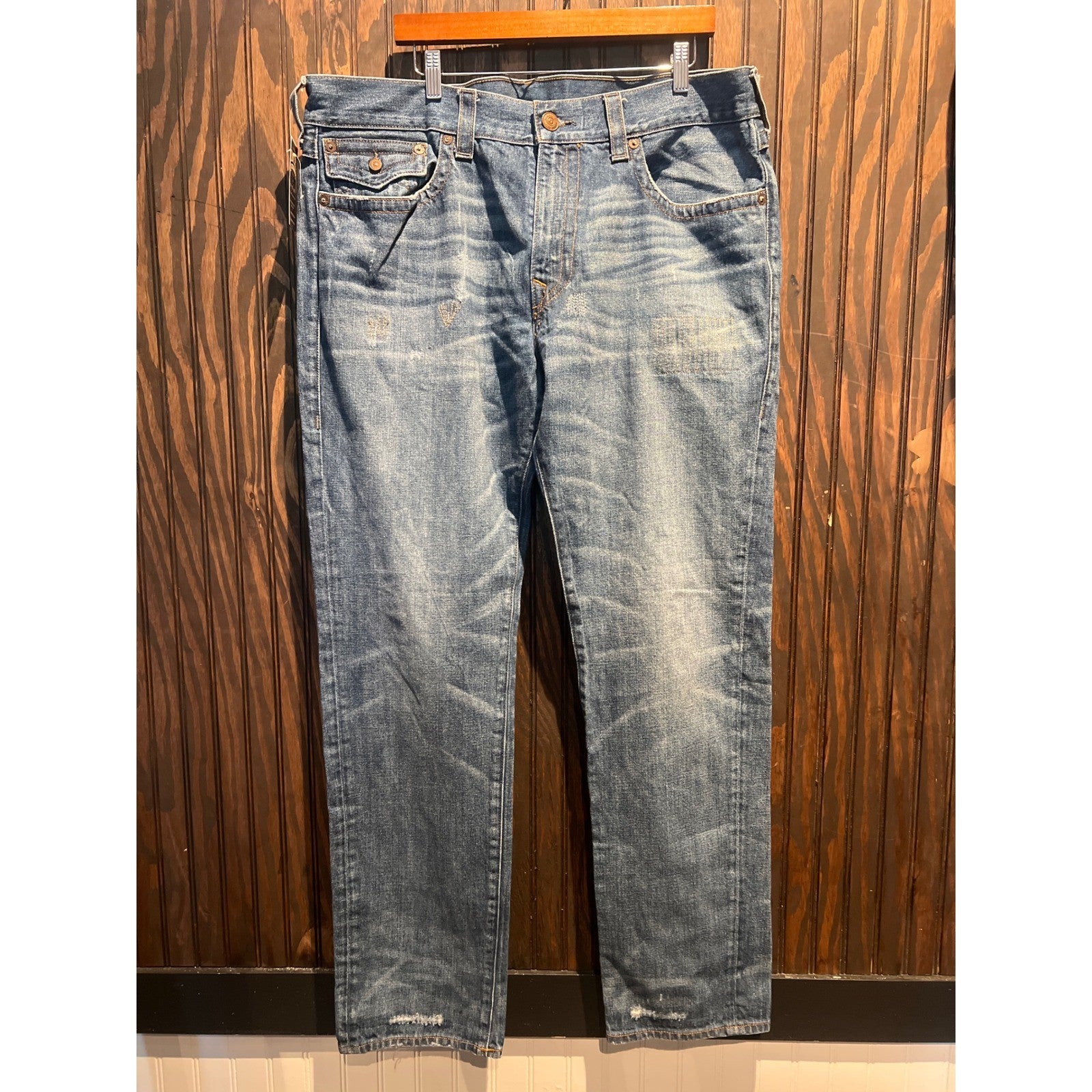 True Religion Ricky Straight Leg Jeans Mens 40x31 Medium Wash Distressed Blue