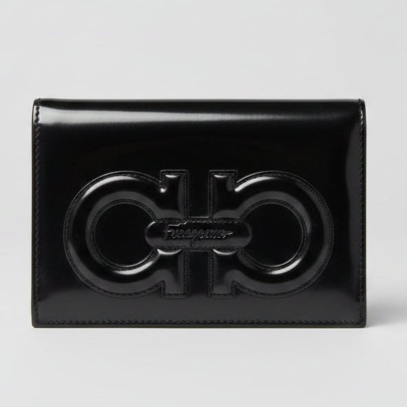 Salvatore Ferragamo Black Patent Leather Gancini Bifold Wallet 227554 Italy