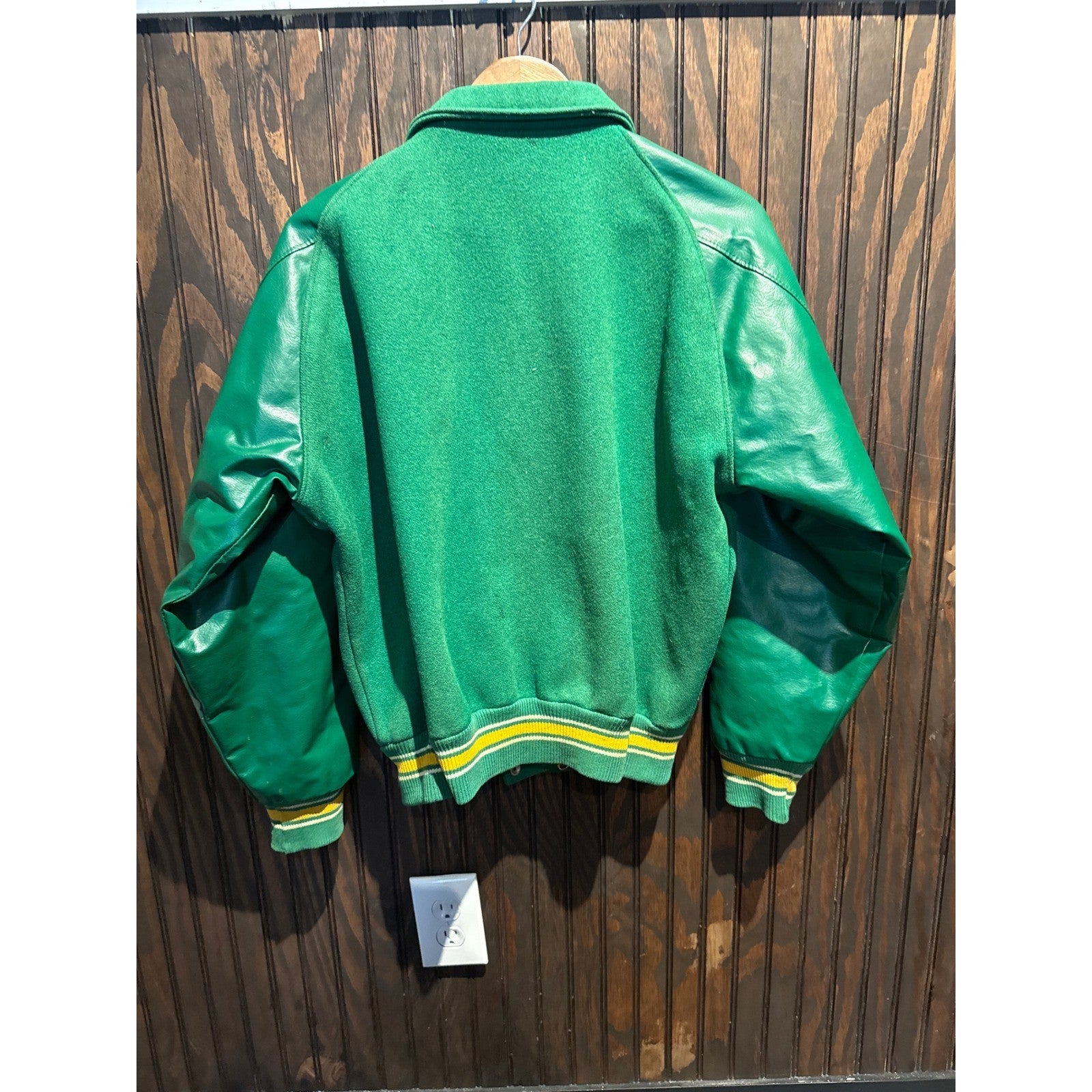 Vintage Green Varsity Jacket Wool Faux Leather Sleeves Striped Trim Mens Large