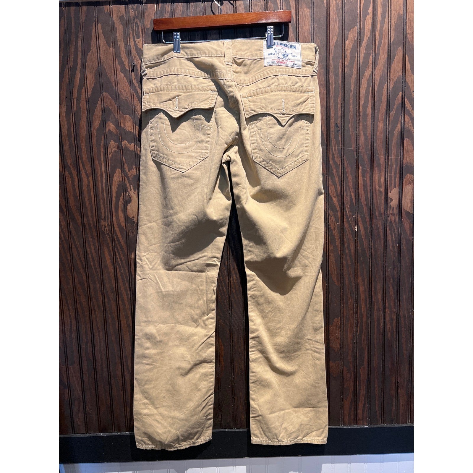 True Religion Ricky Straight Leg Khaki Tan Pants Mens 34x33 Horseshoe Stitching