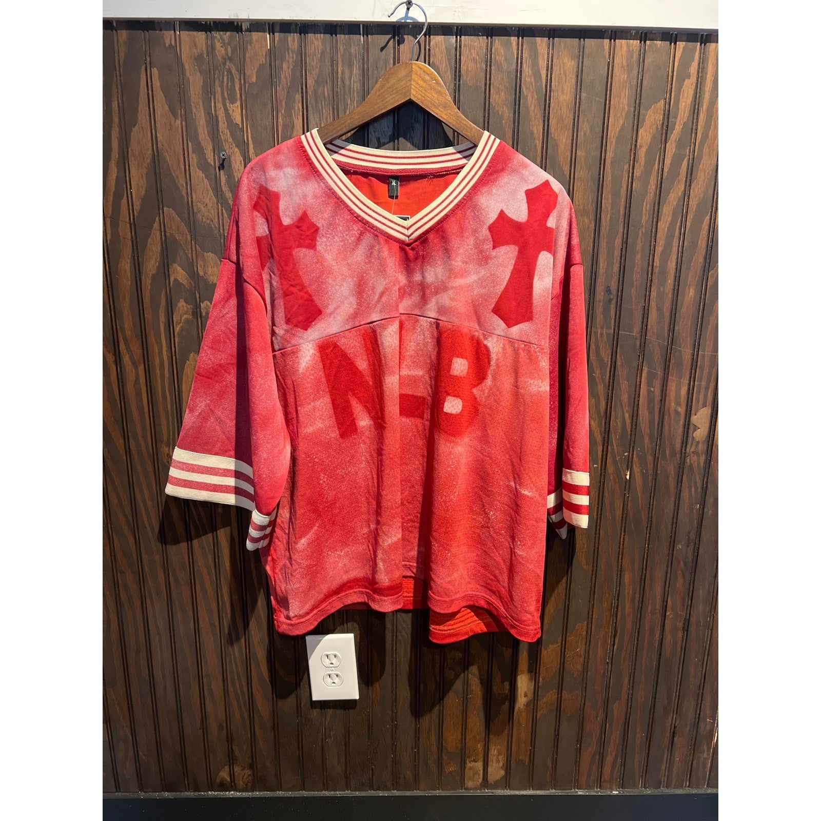 NB Red Distressed Football Jersey Cross Patches Acid Wash Streetwear XL
