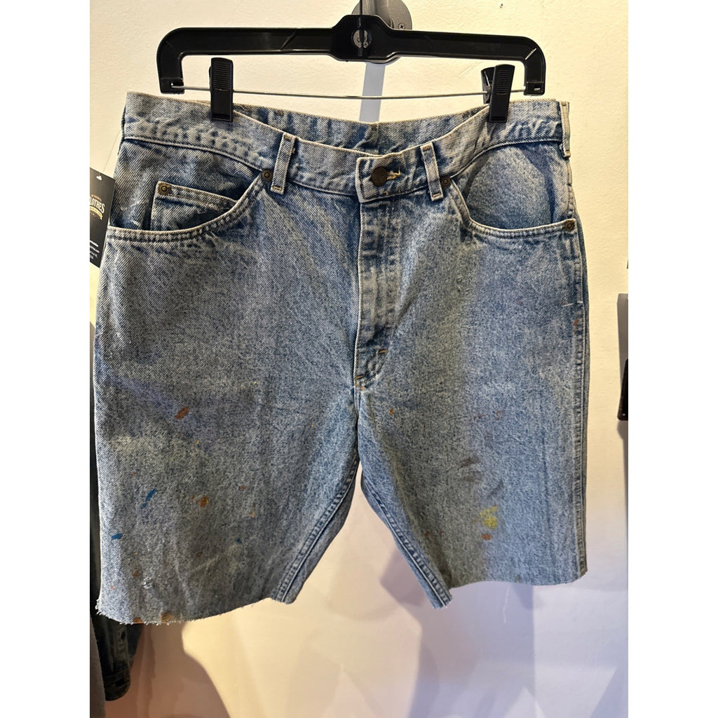 Vintage Acid Wash Denim Shorts Mens 30 Paint Splatter Cut Off Jorts Light Blue