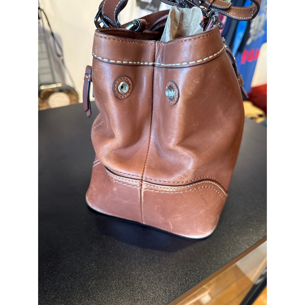 Coach Hampton Carryall Brown Leather Shoulder Bag Buckle Detail Contrast Stitch