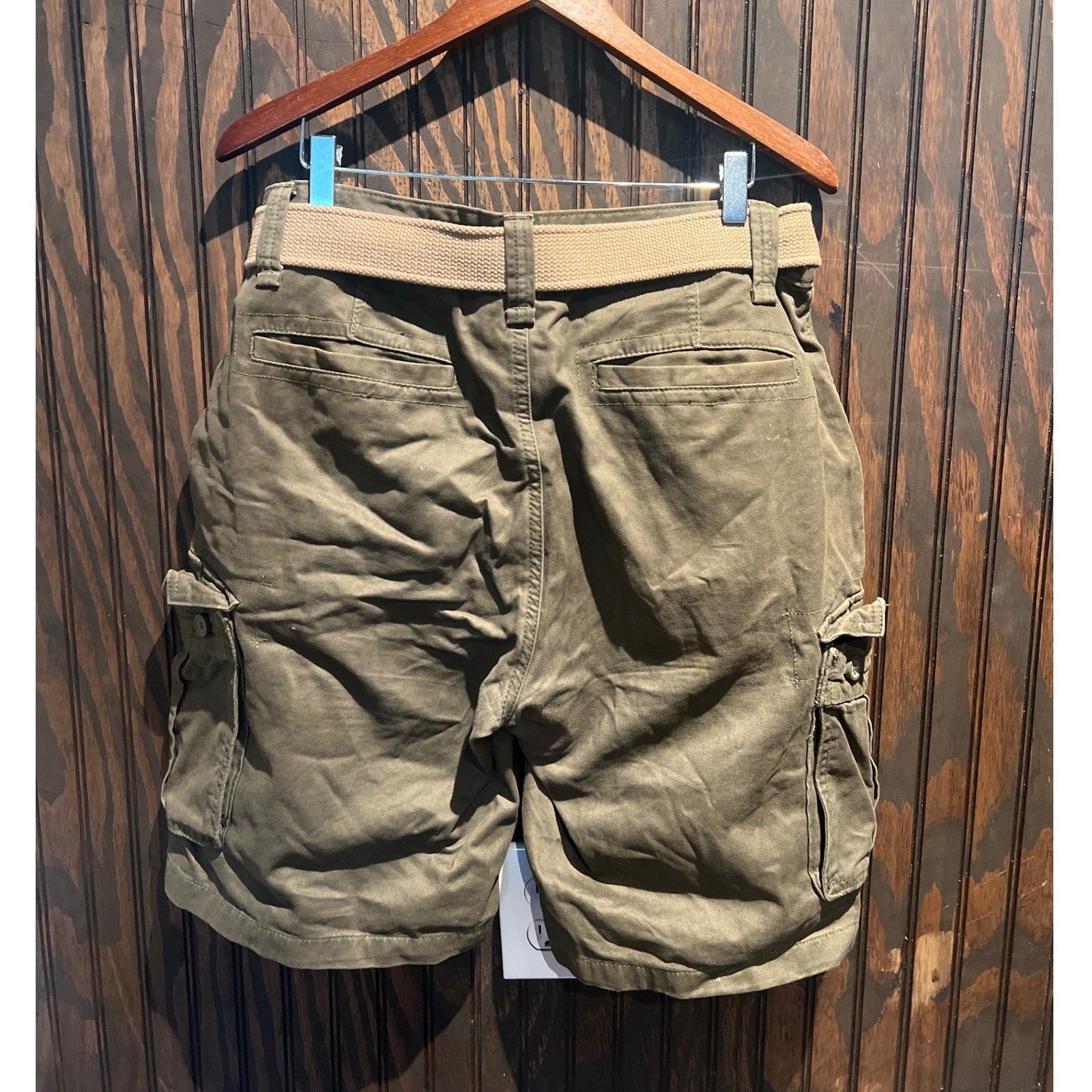 Mens Olive Green Cargo Shorts with Webbing Belt Relaxed Fit Cotton Twill Size 28