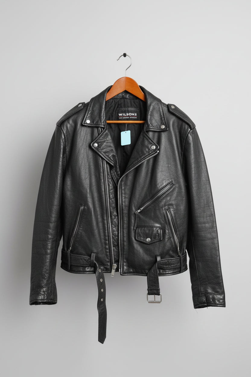 Wilsons Leather Mens Black Leather Motorcycle Biker Jacket Belted Asymmetrical