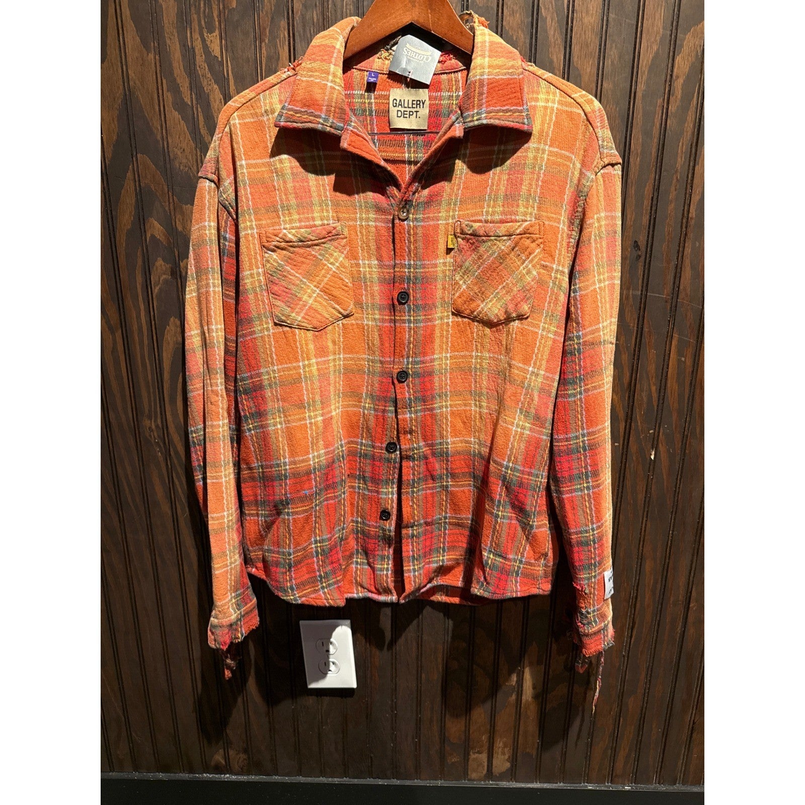 Gallery Dept Distressed Flannel Shirt Orange Red Plaid Button Down Mens Large