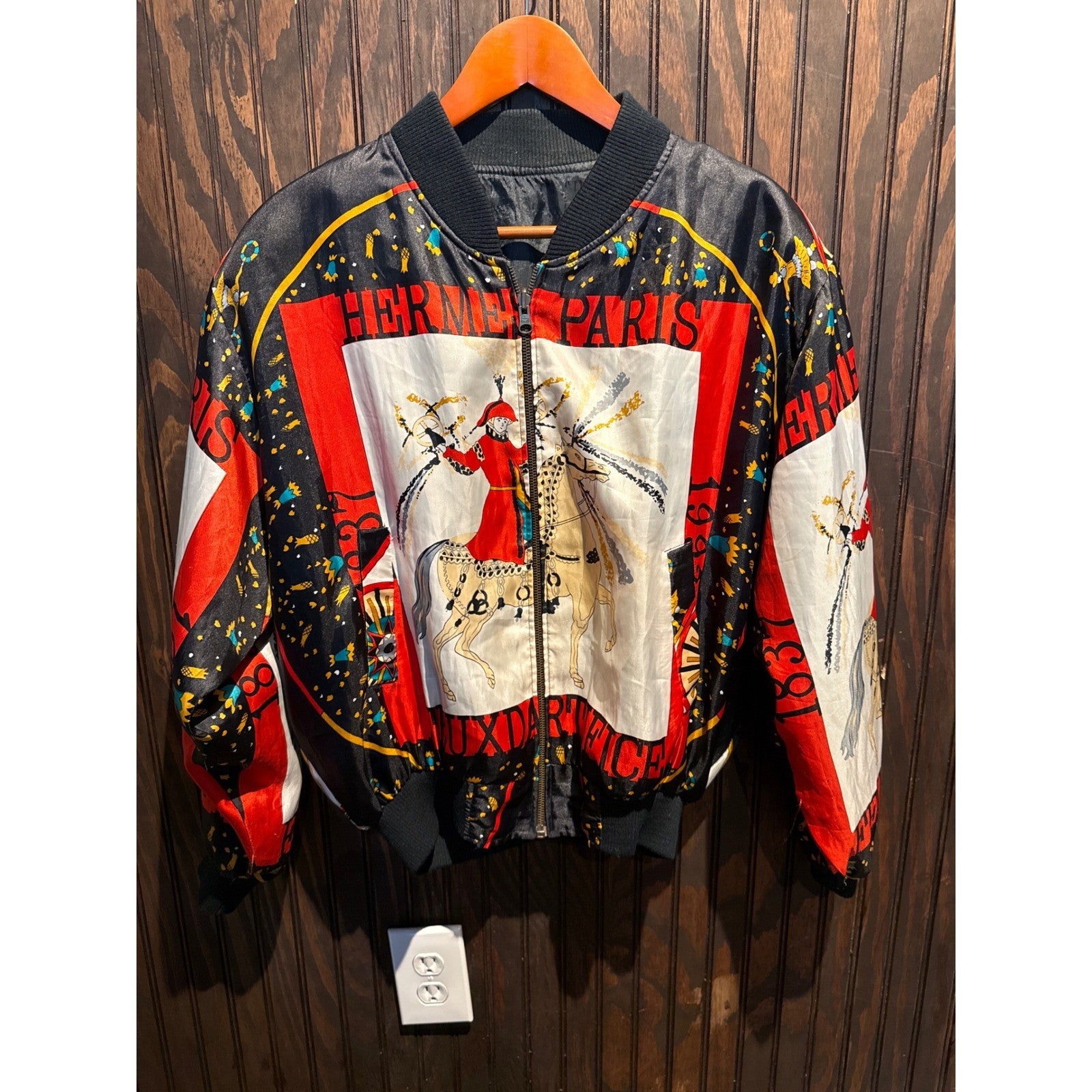 Hermes Paris Silk Bomber Jacket Reversible Equestrian Scarf Print Black Red