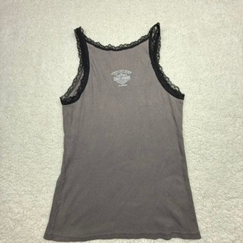 Harley Davidson Womens Gray Lace Trim Tank Top Graphic Print Sleeveless Shirt