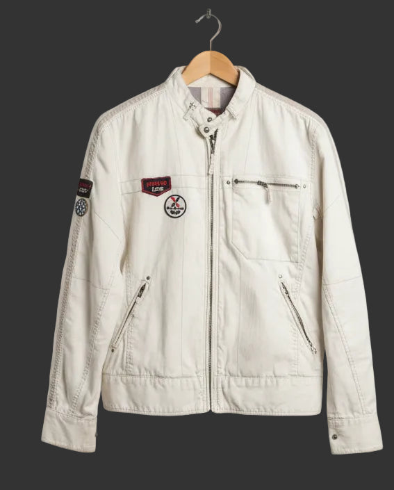 Cafe Racer Moto Jacket with Racing Patches Size M