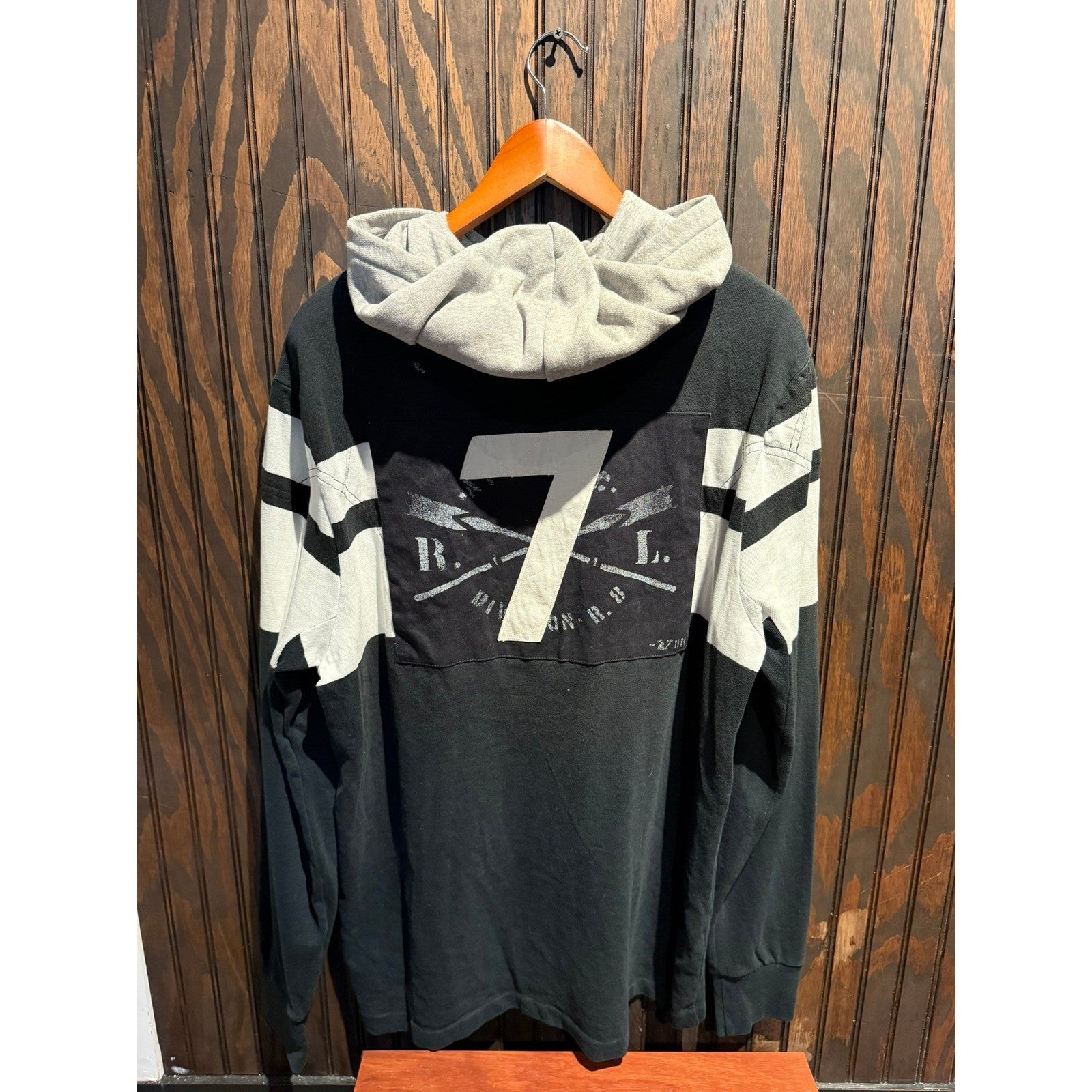 Polo Ralph Lauren Mens Custom Fit Rugby Hoodie Striped RLPC Crest Black White L