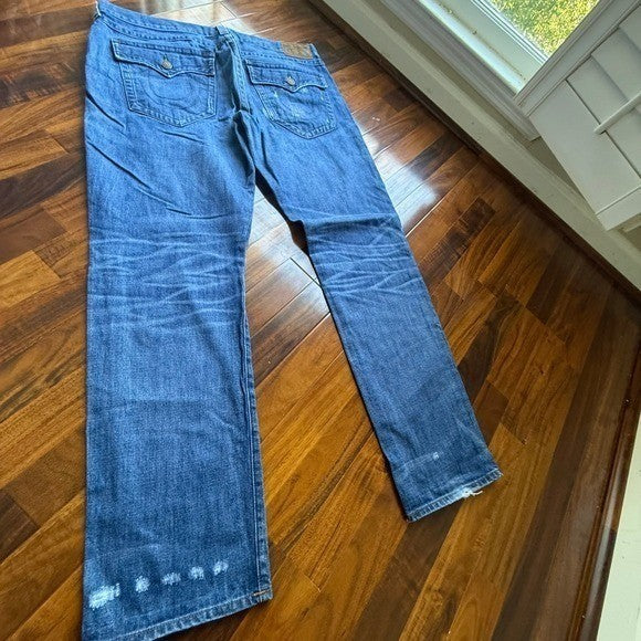 True Religion Mens Straight Leg Distressed Blue Denim Jeans Medium Wash 40