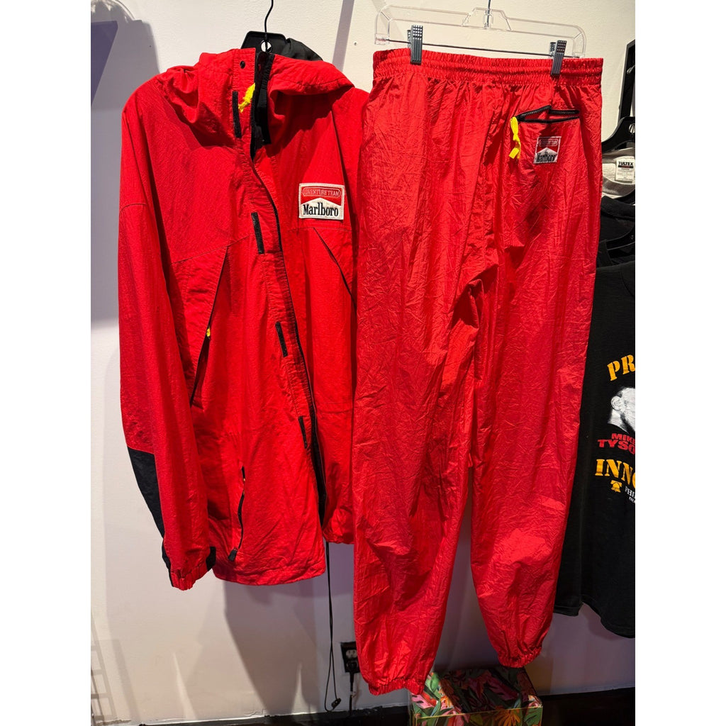 Vintage Marlboro Adventure Team Red Nylon Track Suit Jacket XL Pants L 90s Set