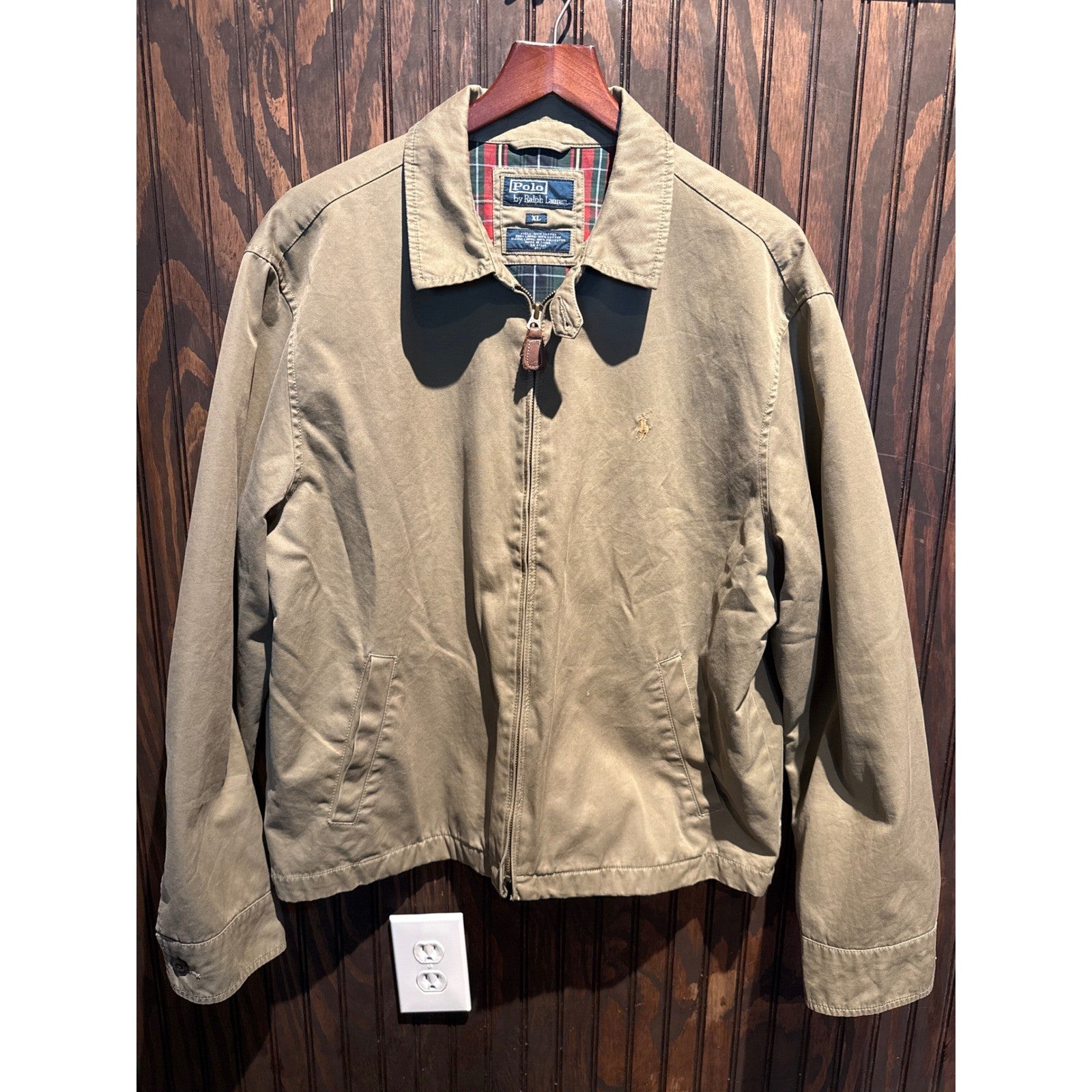 Polo Ralph Lauren Harrington Jacket Mens XL Khaki Tan Plaid Lined Cotton Zip Up