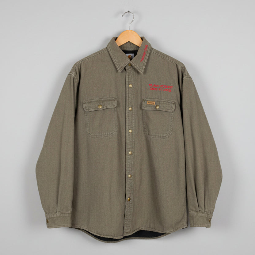 Carhartt Mens Flannel Lined Canvas Work Shirt Brown Plant Bowen Embroidery XL