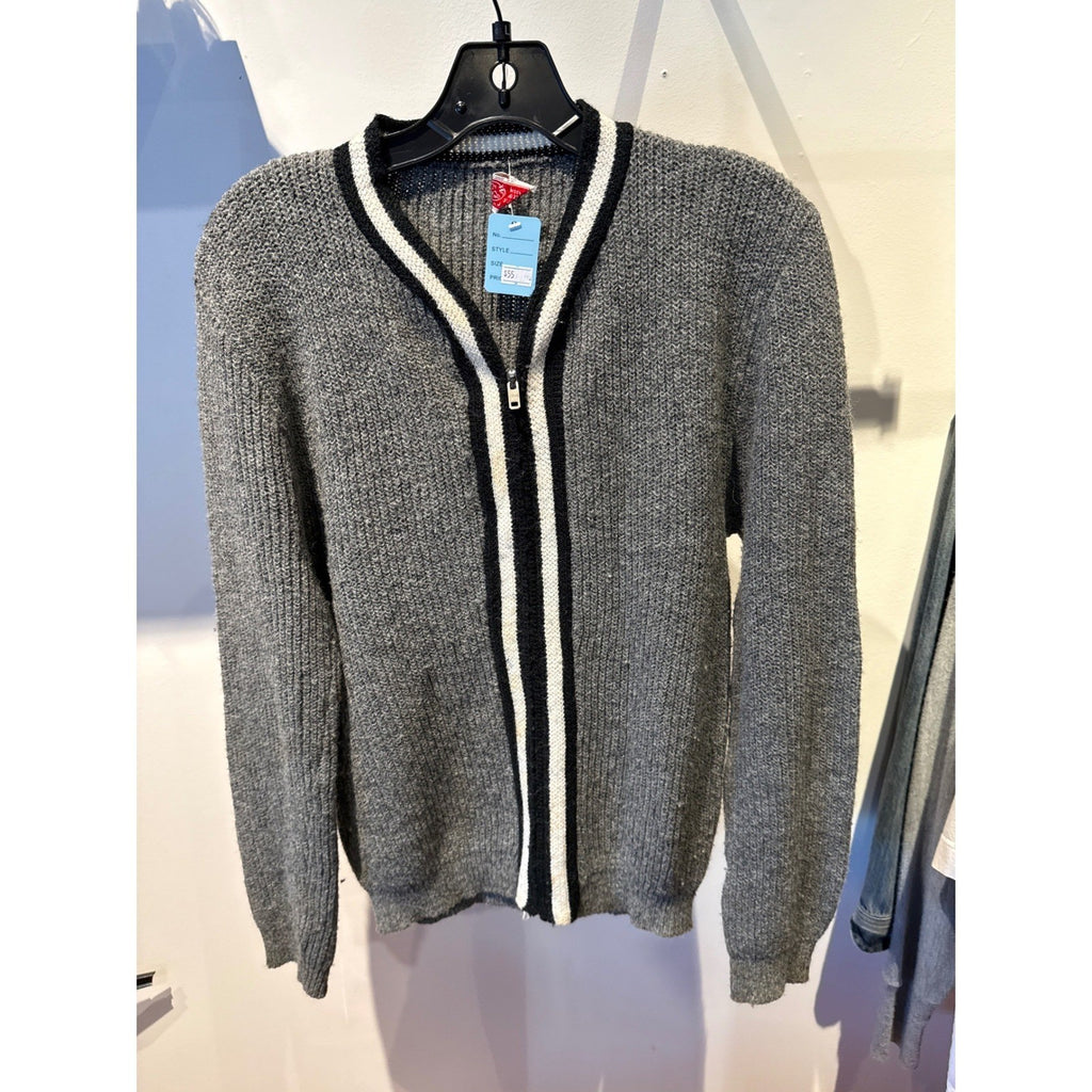 Vintage Grey Chunky Knit Full Zip Cardigan Sweater Striped Trim 20x24 Mens M