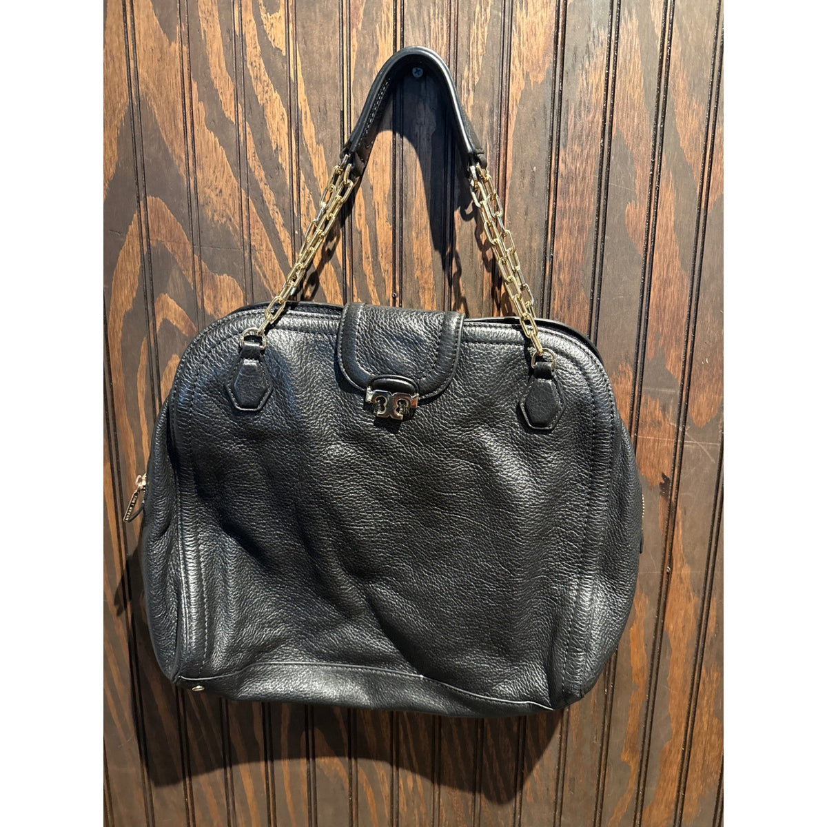 Tory Burch Black Pebbled Leather Satchel Gold Chain Shoulder Bag Logo Clasp