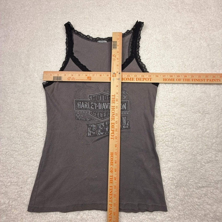 Harley Davidson Womens Gray Lace Trim Tank Top Graphic Print Sleeveless Shirt