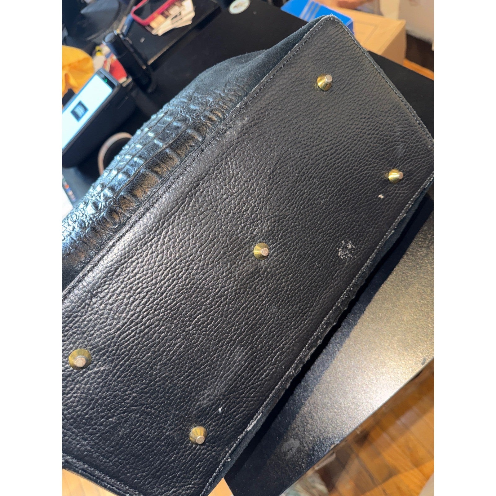 Valentino Orlandi Black Crocodile Embossed Leather Suede Satchel Frame Bag Italy